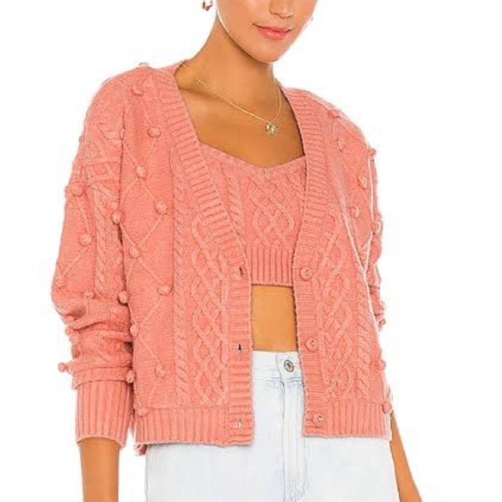 For Love & Lemons Cardigan and Crop Top Set - Coral Pink